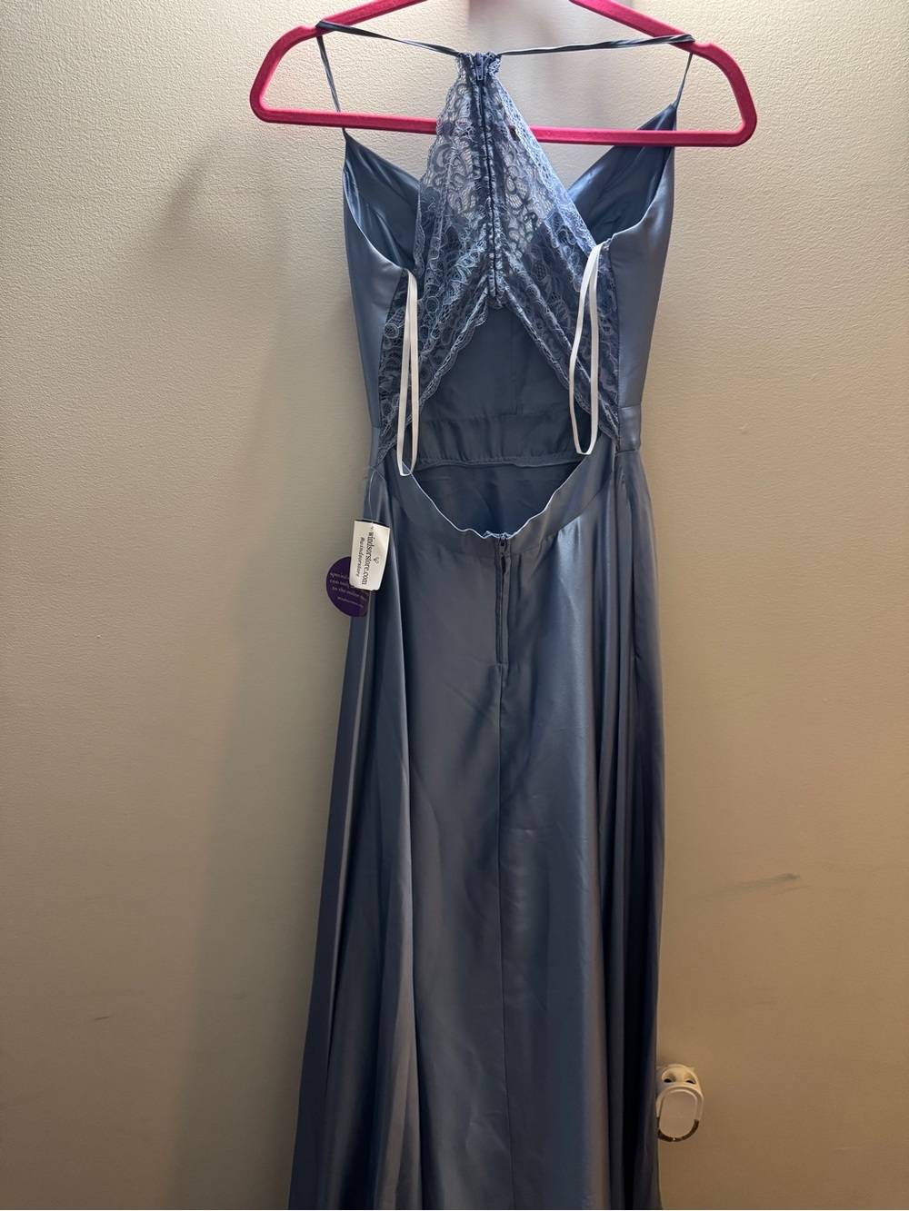 Windsor Steel Blue Lace-Back Satin Gown